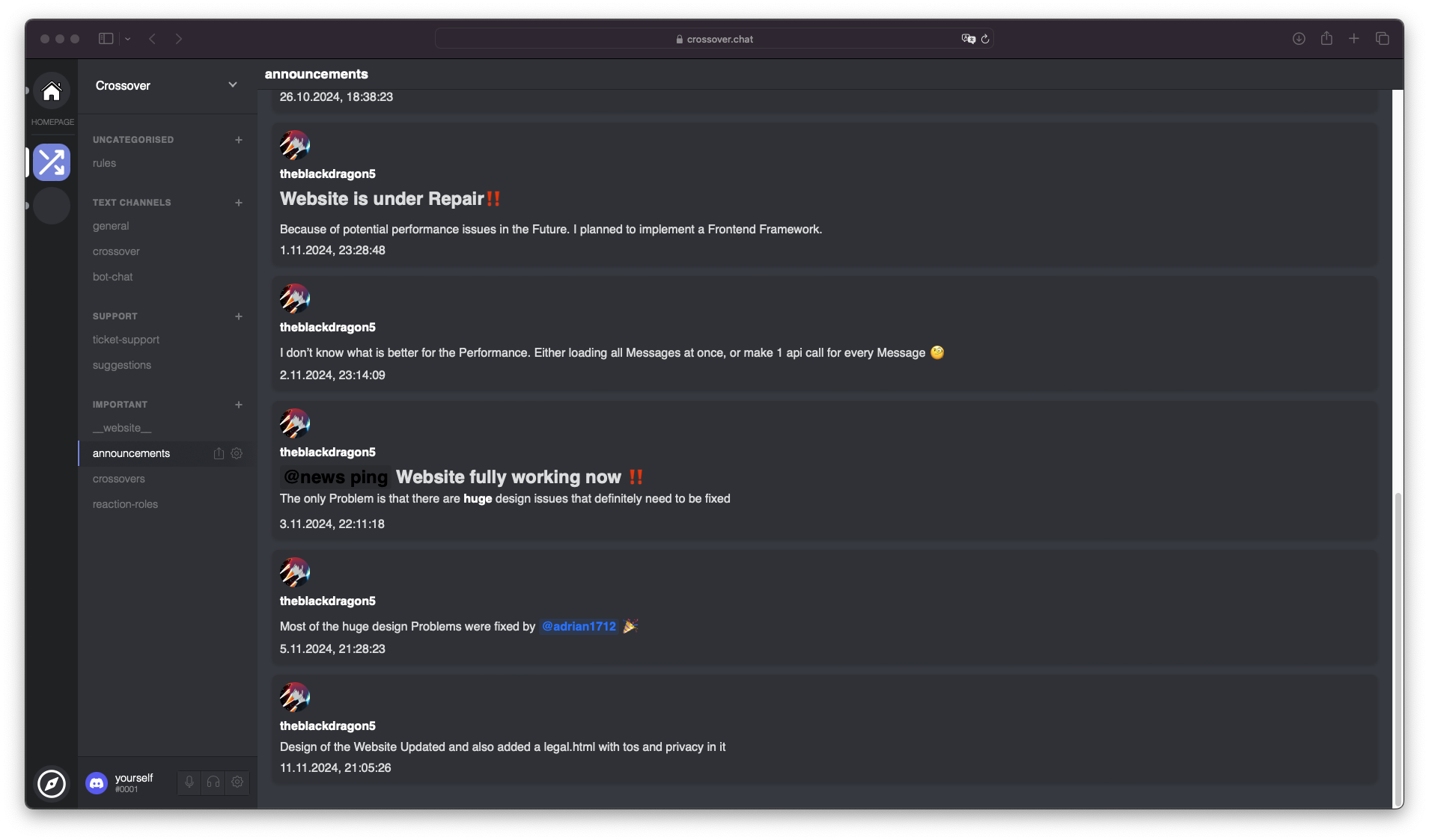 A screenshot of the Discord bot displaying messages and channels